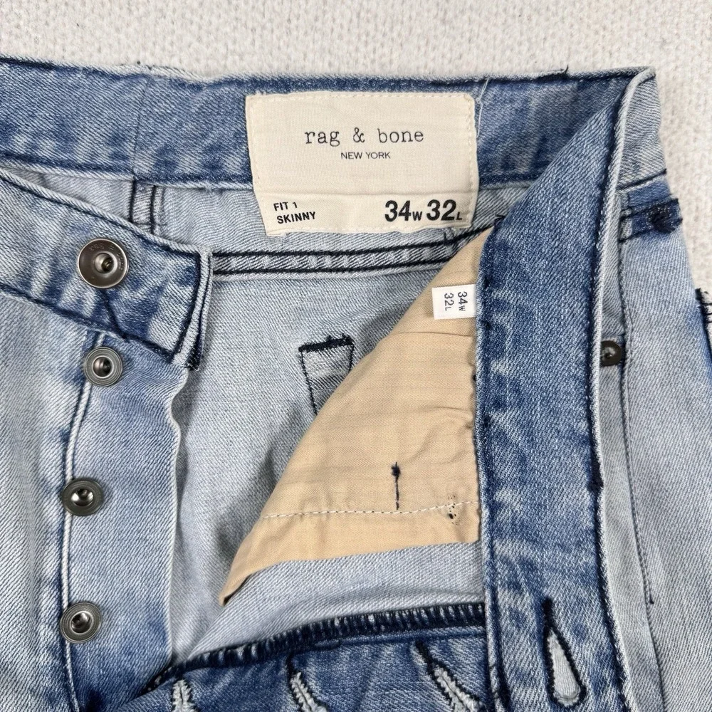 Rag & Bone Fit 1 Skinny Jeans Men 34x32 (30x27) Light Wash Stretch Button Fly‎